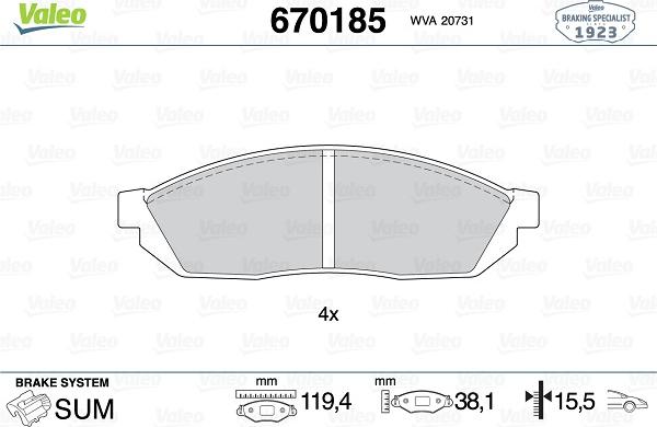 Valeo 670185 - Тормозные колодки, дисковые, комплект autospares.lv