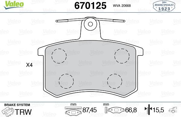 Valeo 670125 - Тормозные колодки, дисковые, комплект autospares.lv