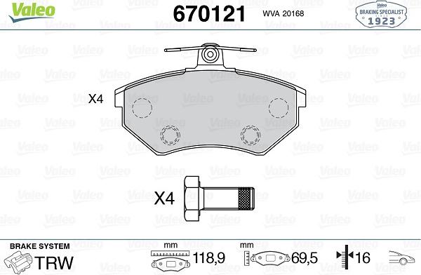 Valeo 670121 - Тормозные колодки, дисковые, комплект autospares.lv