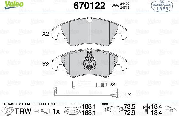 Valeo 670122 - Тормозные колодки, дисковые, комплект autospares.lv