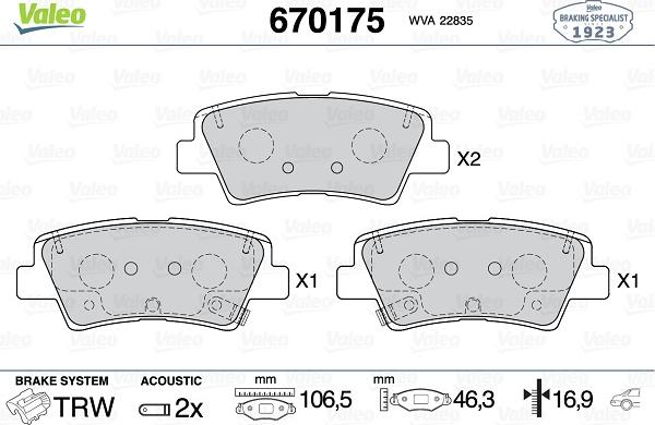 Valeo 670175 - Тормозные колодки, дисковые, комплект autospares.lv