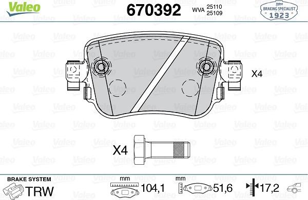 Valeo 670392 - Тормозные колодки, дисковые, комплект autospares.lv