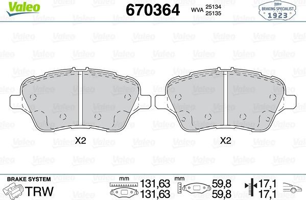 Valeo 670364 - Тормозные колодки, дисковые, комплект autospares.lv