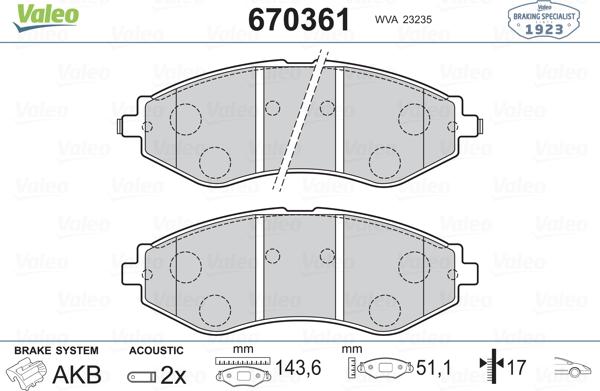 Valeo 670361 - Тормозные колодки, дисковые, комплект autospares.lv