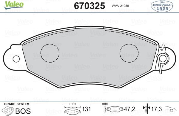 Valeo 670325 - Тормозные колодки, дисковые, комплект autospares.lv