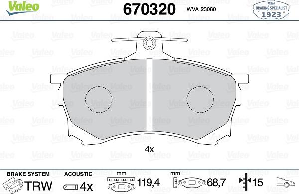 Valeo 670320 - Тормозные колодки, дисковые, комплект autospares.lv