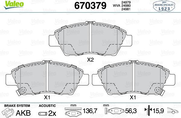 Valeo 670379 - Тормозные колодки, дисковые, комплект autospares.lv