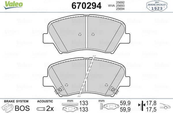 Valeo 670294 - Тормозные колодки, дисковые, комплект autospares.lv