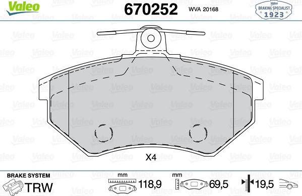 Valeo 670252 - Тормозные колодки, дисковые, комплект autospares.lv