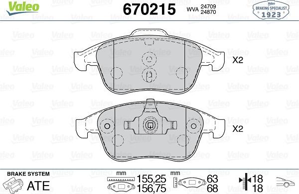 Valeo 670215 - Тормозные колодки, дисковые, комплект autospares.lv