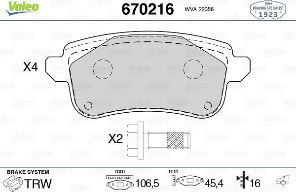 Valeo 670216 - Тормозные колодки, дисковые, комплект autospares.lv