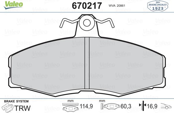 Valeo 670217 - Тормозные колодки, дисковые, комплект autospares.lv