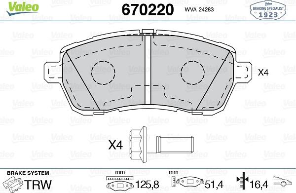 Valeo 670220 - Тормозные колодки, дисковые, комплект autospares.lv