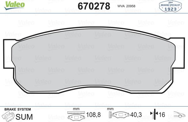 Valeo 670278 - Тормозные колодки, дисковые, комплект autospares.lv