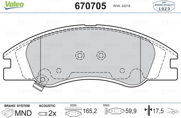 Valeo 670705 - Тормозные колодки, дисковые, комплект autospares.lv