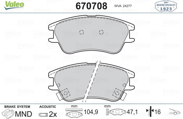 Valeo 670708 - Тормозные колодки, дисковые, комплект autospares.lv