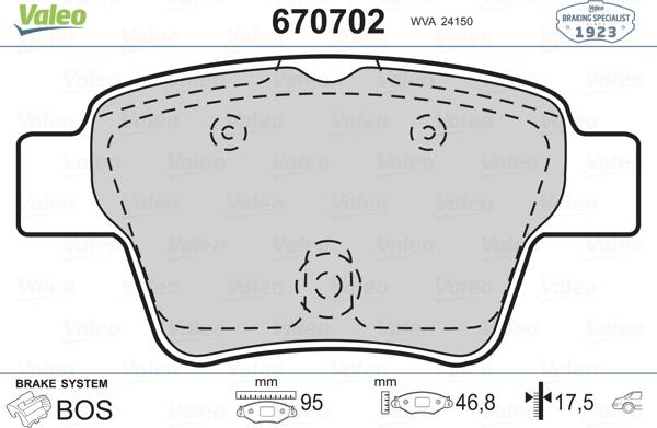 Valeo 670702 - Тормозные колодки, дисковые, комплект autospares.lv