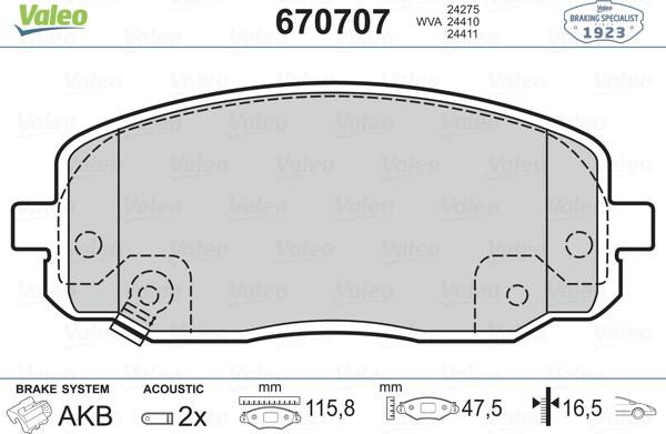 Valeo 670707 - Тормозные колодки, дисковые, комплект autospares.lv