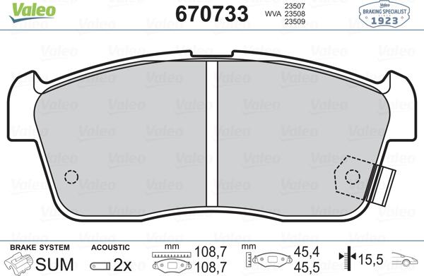 Valeo 670733 - Тормозные колодки, дисковые, комплект autospares.lv