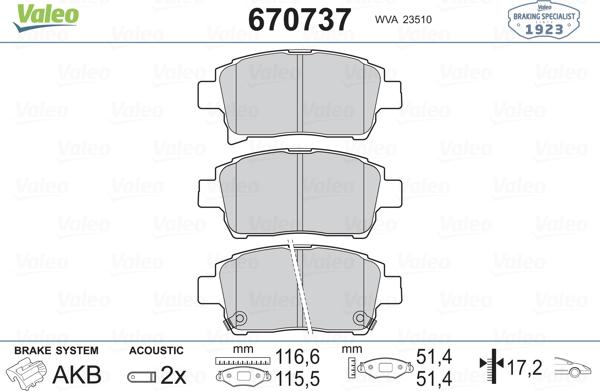 Valeo 670737 - Тормозные колодки, дисковые, комплект autospares.lv