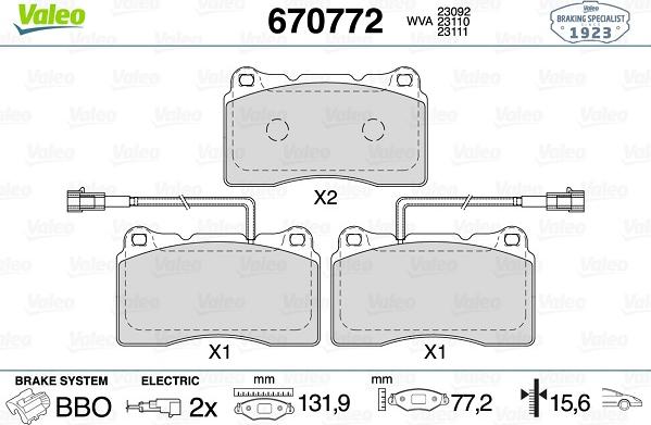 Valeo 670772 - Тормозные колодки, дисковые, комплект autospares.lv