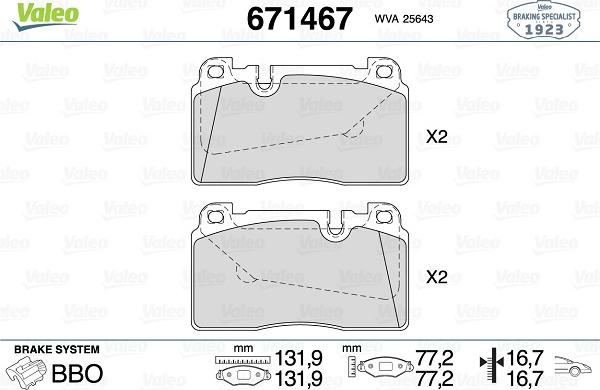 Valeo 671467 - Тормозные колодки, дисковые, комплект autospares.lv