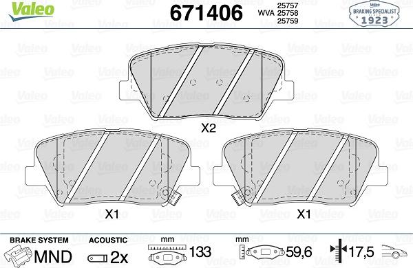 Valeo 671406 - Тормозные колодки, дисковые, комплект autospares.lv