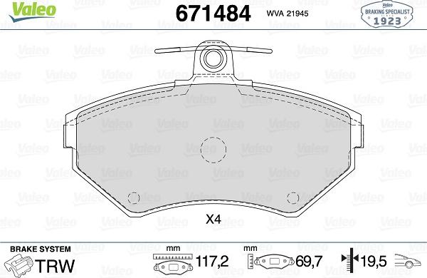 Valeo 671484 - Тормозные колодки, дисковые, комплект autospares.lv