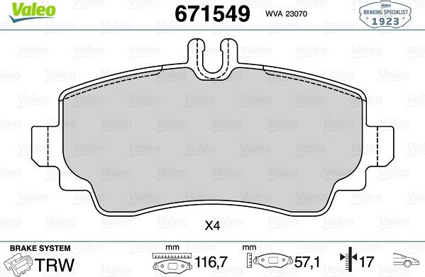 Valeo 671549 - Тормозные колодки, дисковые, комплект autospares.lv