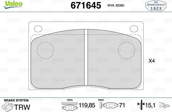 Valeo 671645 - Тормозные колодки, дисковые, комплект autospares.lv