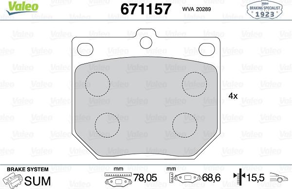 Valeo 671157 - Тормозные колодки, дисковые, комплект autospares.lv