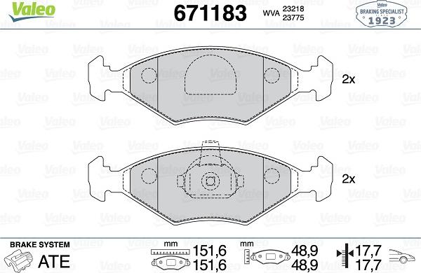 Valeo 671183 - Тормозные колодки, дисковые, комплект autospares.lv