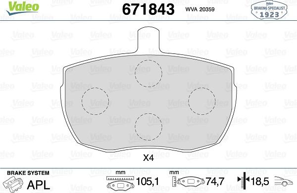 Valeo 671843 - Тормозные колодки, дисковые, комплект autospares.lv