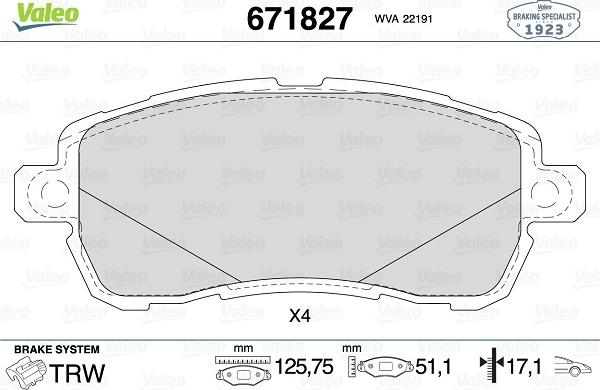 Valeo 671827 - Тормозные колодки, дисковые, комплект autospares.lv