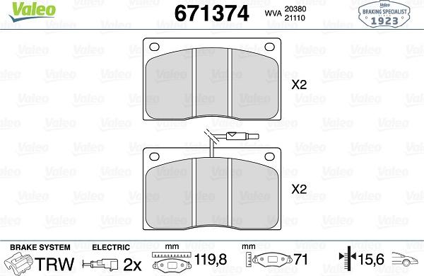 Valeo 671374 - Тормозные колодки, дисковые, комплект autospares.lv