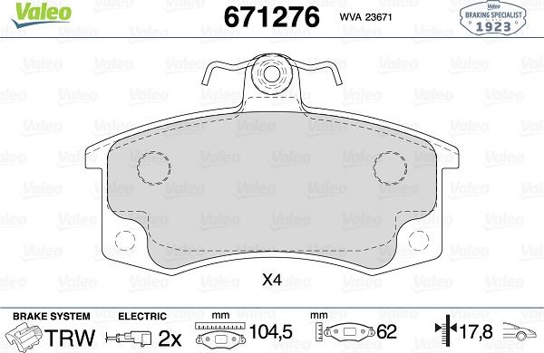 Valeo 671276 - Тормозные колодки, дисковые, комплект autospares.lv