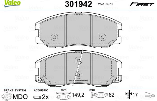 Valeo 301942 - Тормозные колодки, дисковые, комплект autospares.lv