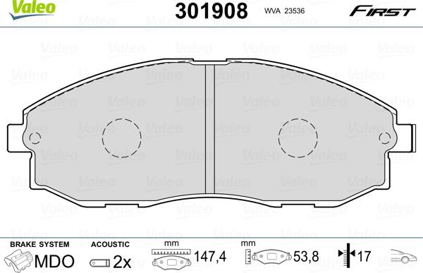 Valeo 301908 - Тормозные колодки, дисковые, комплект autospares.lv