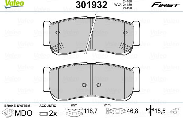 Valeo 301932 - Тормозные колодки, дисковые, комплект autospares.lv