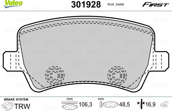 Valeo 301928 - Тормозные колодки, дисковые, комплект autospares.lv