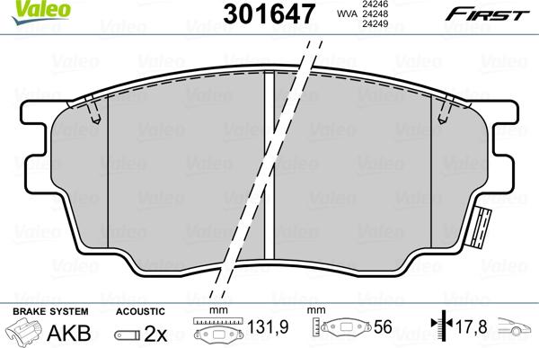 Valeo 301647 - Тормозные колодки, дисковые, комплект autospares.lv