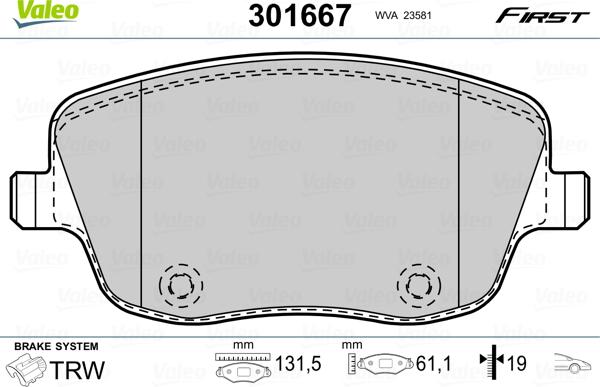 Valeo 301667 - Тормозные колодки, дисковые, комплект autospares.lv