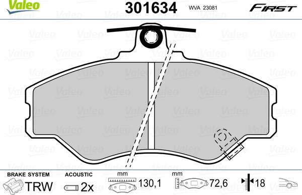 Valeo 301634 - Тормозные колодки, дисковые, комплект autospares.lv