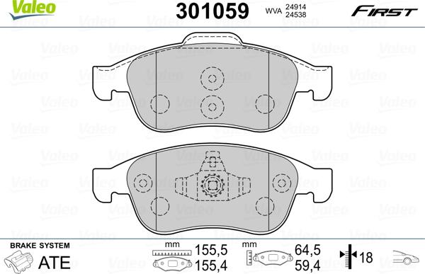 Valeo 301059 - Тормозные колодки, дисковые, комплект autospares.lv