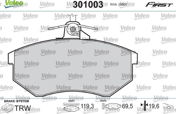 Valeo 301003 - Тормозные колодки, дисковые, комплект autospares.lv