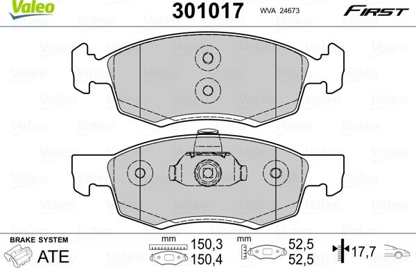 Valeo 301017 - Тормозные колодки, дисковые, комплект autospares.lv