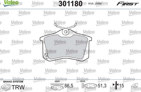 Valeo 301180 - Тормозные колодки, дисковые, комплект autospares.lv