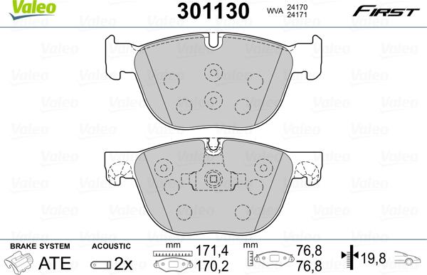 Valeo 301130 - Тормозные колодки, дисковые, комплект autospares.lv