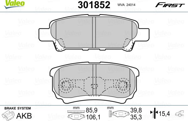 Valeo 301852 - Тормозные колодки, дисковые, комплект autospares.lv