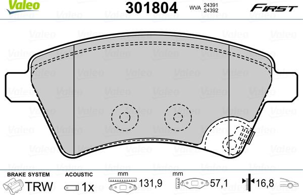 Valeo 301804 - Тормозные колодки, дисковые, комплект autospares.lv